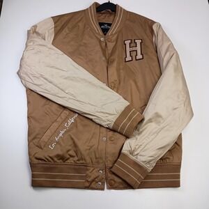 Hollister Men's Varsity Bomber Jacket Tan‎ Los Angeles California Large